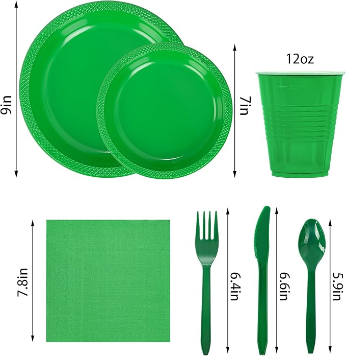 WELLIFE 210 PCS Green Plastic Plates for 30 Guests - Disposable Dinnerware Set Including Dinner Plates, Dessert Plates, 12oz Cups, Cutlery & Napkins, Green Party Plates
