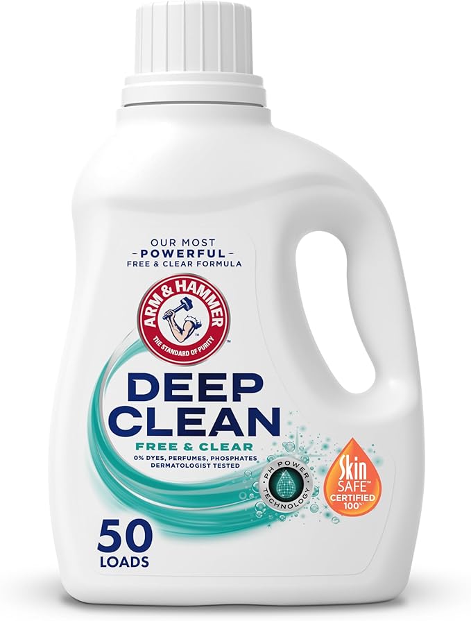 ARM & HAMMER Deep Clean Free & Clear Liquid Laundry Detergent, Free of Dyes, and Perfumes, Dermatologist Tested, 75 Fl Oz, 50 Loads