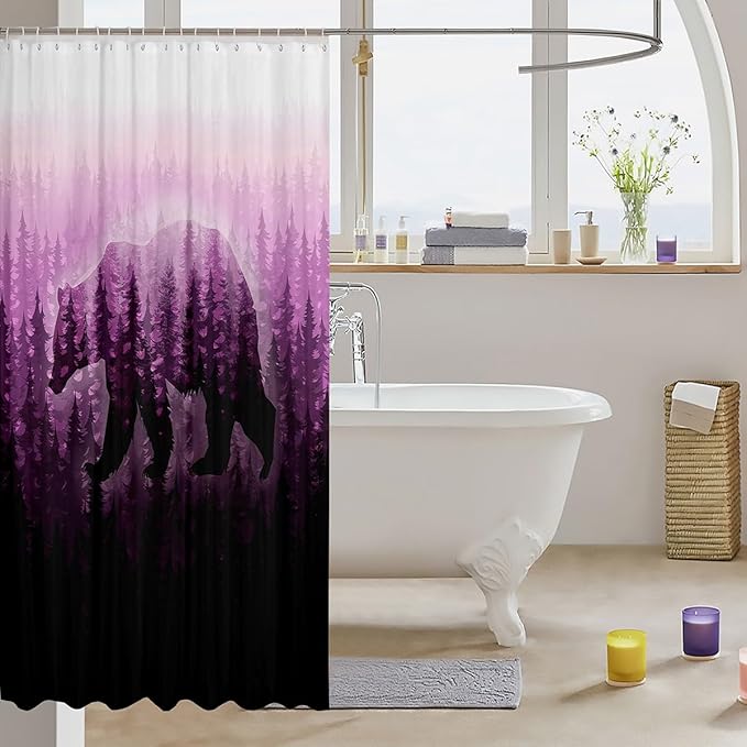 Feelyou Bear Bath Curtain Kids Forest Shower Curtain Boys Girls Decor Botanical Forest Bathroom Shower Curtain Set Polyester Farmhouse Wild Animal Purple Kids Bathroom Accessories Quilt Cover 72"x78"