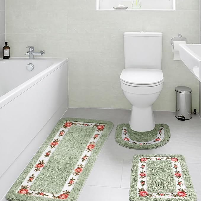 Drydiet 3 Pcs Rose Flowers Bathroom Rugs Set Coquette Room Decor Floral Carpet for Bathroom Bedroom Living Room, Floral Bath Mat Non Skid Romantic Rose Flower Area Rugs 3 Shapes (Green,Large)