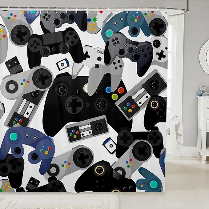 Castle Fairy Gamer Shower Curtain,Watercolor Gamepad Bath Curtain Kids Teen Boys Gaming Bath Curtain,Video Games Room Shower Curtain,with 12 Holes,Red Blue White Black 72" W x 72" L