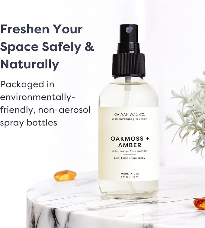 Calyan Wax Co. Oakmoss & Amber Room Spray - Clean Air Freshener - Natural Room Deodorizer - Air Freshener Spray for Home - 4 fl oz