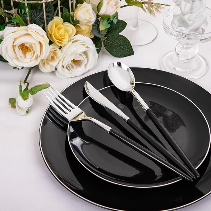 DaYammi 30 Guests Black Plastic Plates with Disposable Silverware,Silver Cutlery with Black Handle,Silver Disposable Dinnerware:60 Dinner/Dessert Plates,90 Plastic Silverware Set for Party Wedding