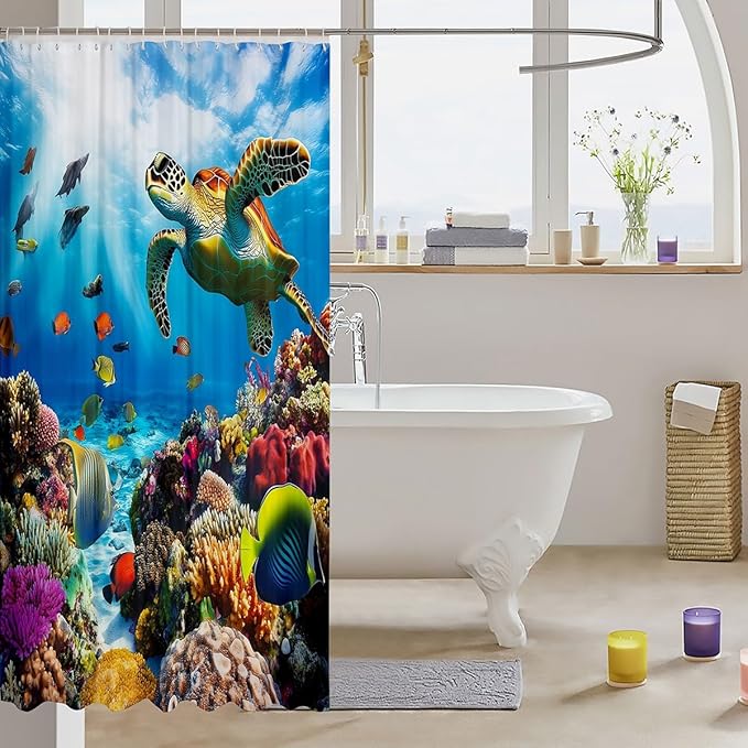 Sea Turtle Waterproof Shower Curtain for Boys Child,Ocean Fish Bath Curtain for Kids Man,Sealife Reptile Creature Shower Curtain Set,Colorful Coral Under Sea Reef Bathroom Accessories 72"Wx72"L