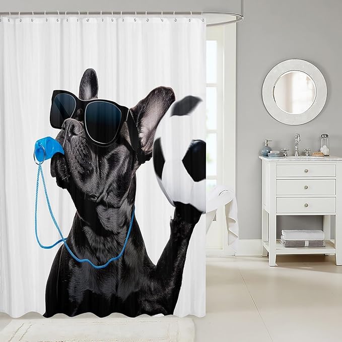 Soccer Ball Waterproof Shower Curtains Dog Football Fabric Bathroom Shower Curtain Kids Boys Sports Competitive Design Shower Curtain Accessories with Hooks Funny Dog Referee Curtains,72x78 Inches