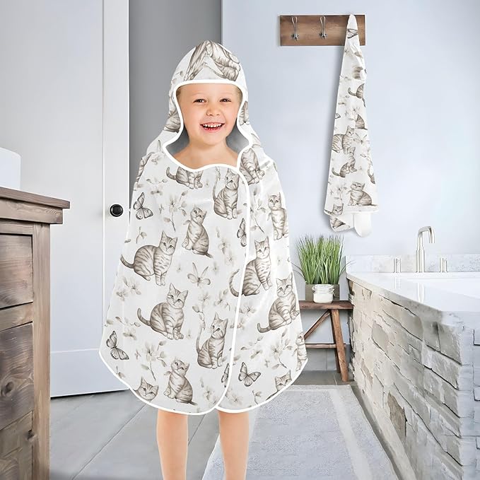Kid Beach Towel Sweet American Shorthair Cats White Hooded Beach Bath Towel Absorbent Beach Towel with Hood