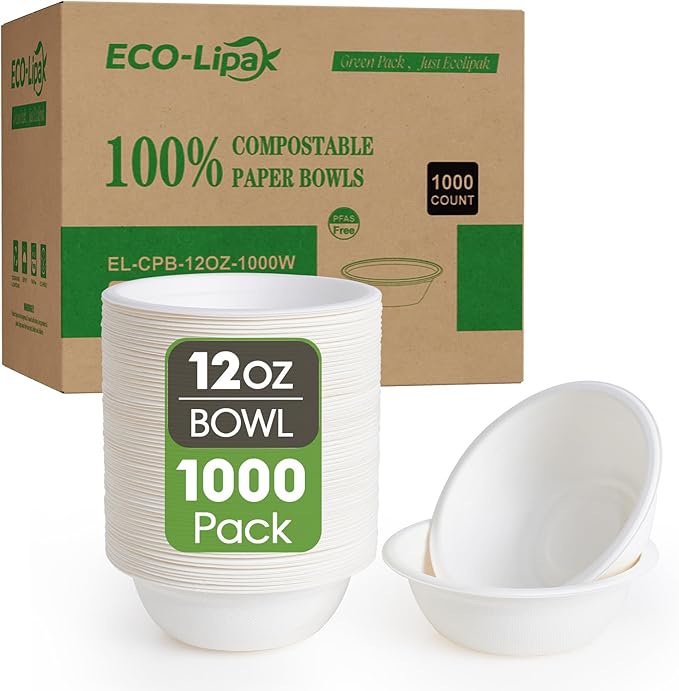 ECOLipak 1000 Pack 12 oz Paper Bowls Disposable, Heavy-Duty Biodegradable Compostable Bowls Made of Natural Sugarcane Bagasse, Suitable for Salad, Dessert, Milk, Cereals