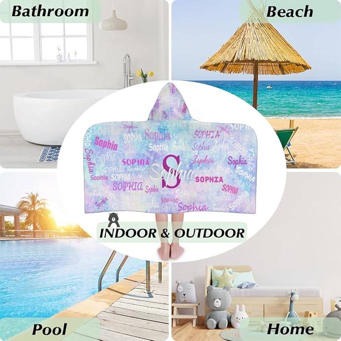 Personalized Hooded Bath Towels with Name, Custom Beach Towels for Kids Cotton Soft Swim Towels Camping Towels Toddler Beach Towels, Light Blue Galaxy Watercolor