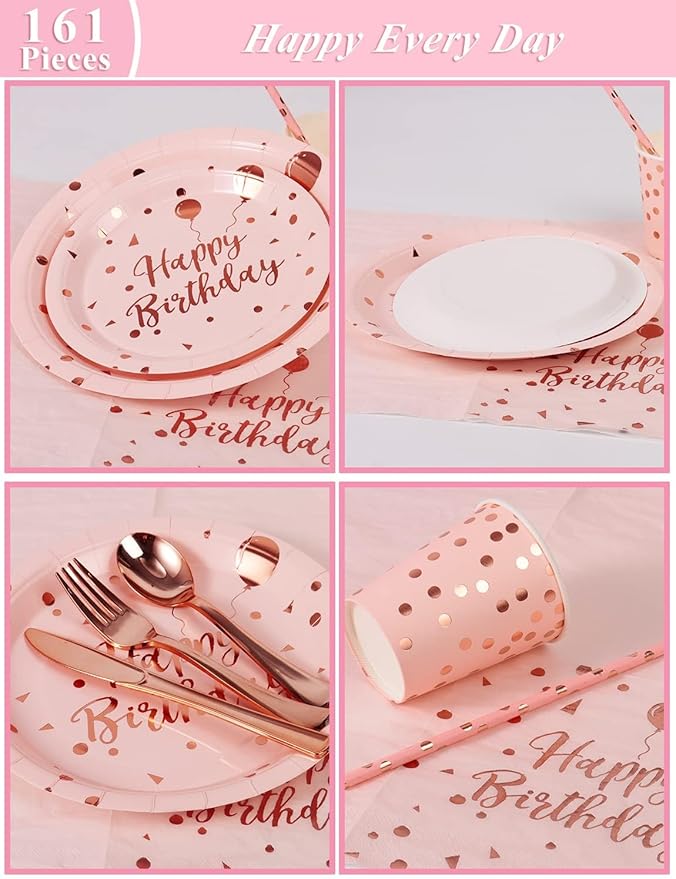 Nkaiso Birthday Party Tableware, 161 Pieces Pink and Rosegold Party Supplies, Party Dinnerware Sets Include Paper Plates Napkins Cups Silverware, for Shower Engagement Parties Decoration -20 Serves