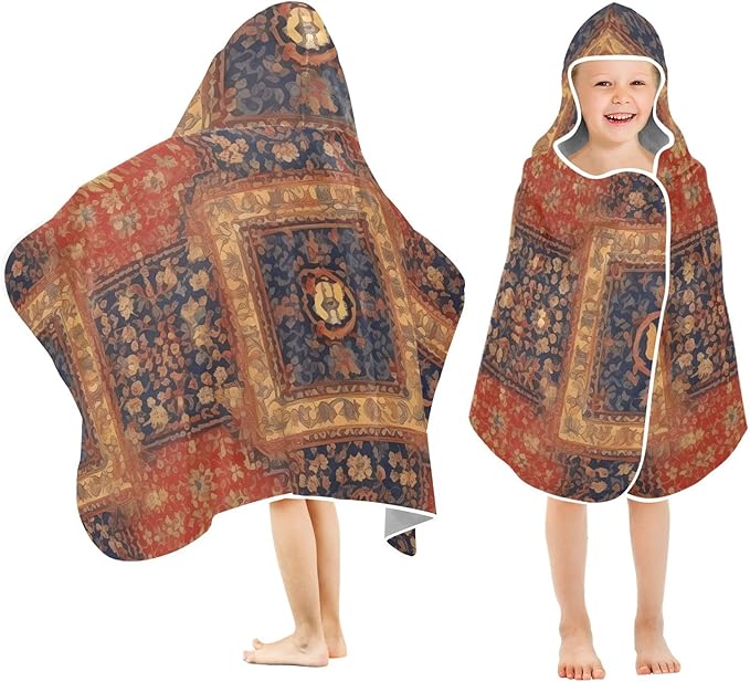 Hooded Towel for Kids Retro Tribe Red Golden Pattern Beach Wrap Bath Towels 50x23.5in
