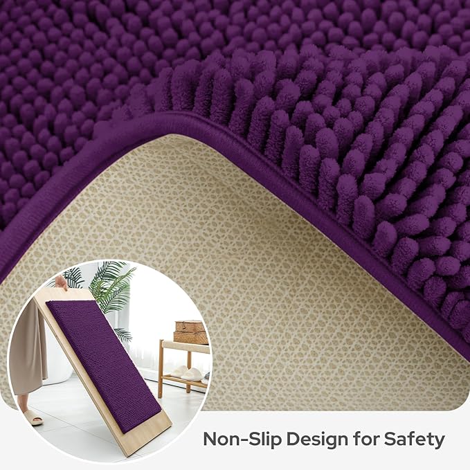 BYSURE Deep Purple Bathroom Rugs Sets 3 Piece Non Slip Extra Absorbent Plush Chenille Soft Washable Bath Mats