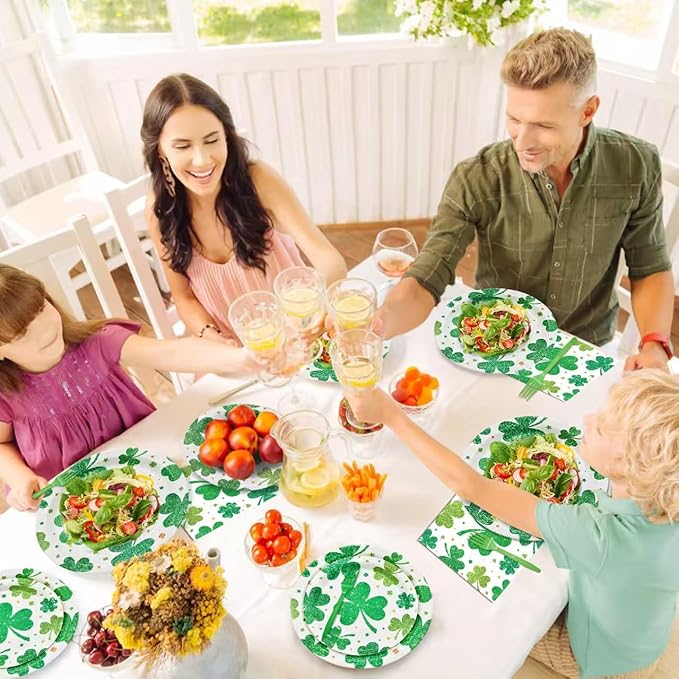 96 Pieces St. Patrick's Day Shamrock Plates and Napkins Tableware Set, Green Lucky Clover Disposable Dinnerware with Paper Plates, Napkins, and Forks for Irish Party Supplies- Serves 24