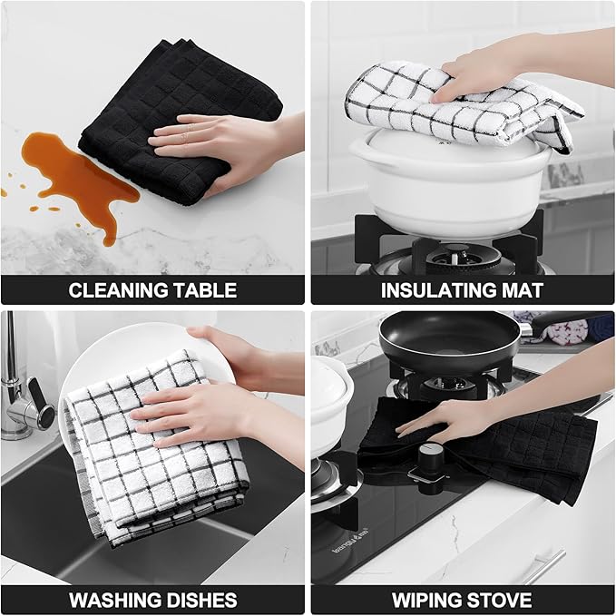 Homaxy Premium Cotton Kitchen Towels 16"x 28", Large Natural Ring Spun 390 GSM Dish Towels, Super Absorbent Terry Kitchen Hand Towels, Soft Tea Towels with Hanging Loop, Black Check Design, 4 Pack
