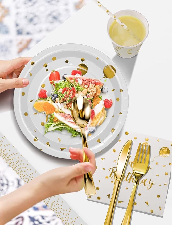 Nkaiso Birthday Party Tableware, 161 Pieces White Gold Party Supplies, Party Dinnerware Sets Include Paper Plates Napkins Cups Silverware, for Shower Engagement Parties Decoration -20 Serves