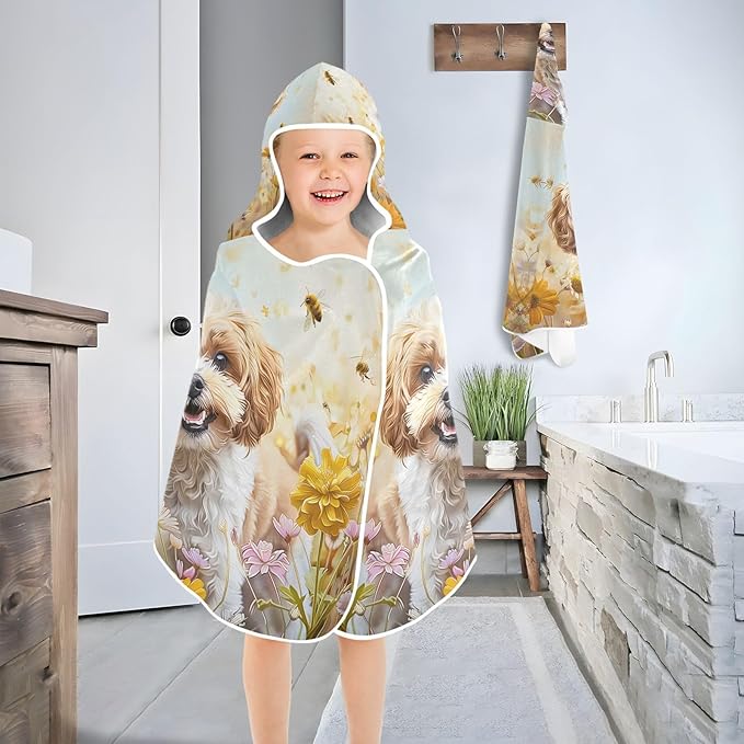 Hooded Towel for Kids Cockapoo Dog Standing in The Flowers Beach Wrap Bath Towels 50x23.5in