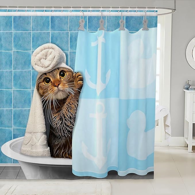Cat Shower Curtain Cute Animal Bath Curtain Funny Kitten Takes Bath Pattern Ship Anchor Nautical Shower Curtain Hanging Curtain Novelty Pet Bathroom Accessories for Boys Girls Teens,72"Wx84"L
