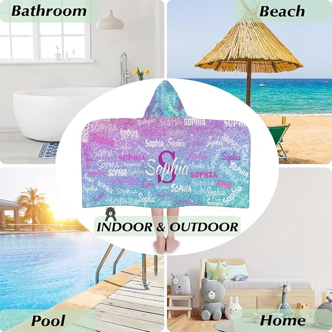 Personalized Hooded Beach Towels for Kids, Custom Beach Towels with Names, Customize with Your Name, Kids Bath Towel Hooded, Watercolor Blue Purple Glitters Print