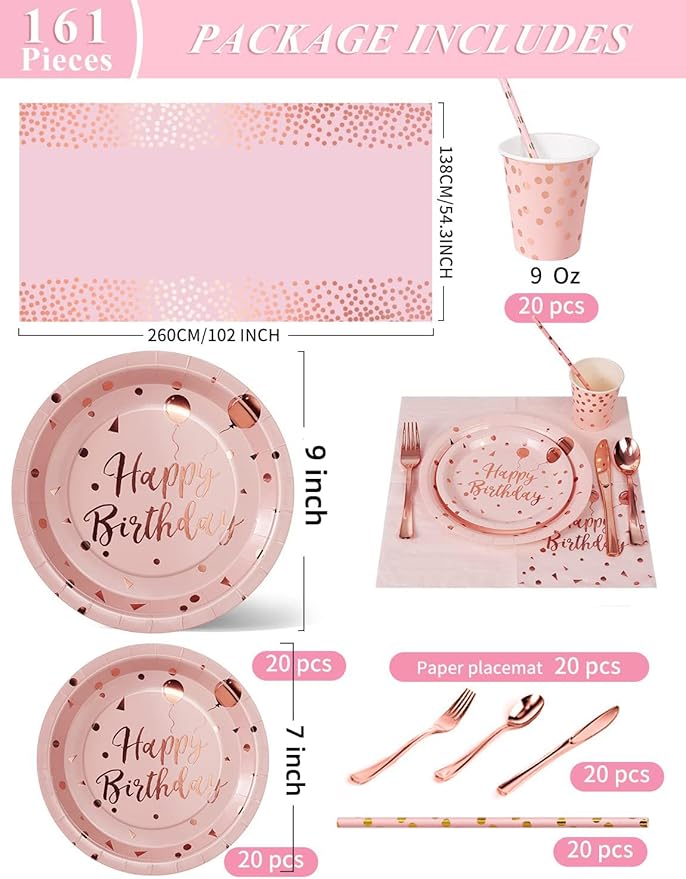 Nkaiso Birthday Party Tableware, 161 Pieces Pink and Rosegold Party Supplies, Party Dinnerware Sets Include Paper Plates Napkins Cups Silverware, for Shower Engagement Parties Decoration -20 Serves