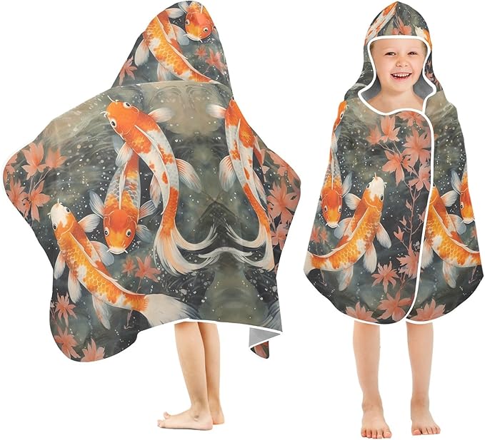 Hooded Towel for Kids Lovely Koi Fish in The Water Beach Wrap Bath Towels 50x23.5in