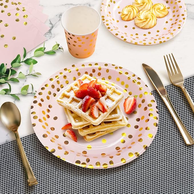 HOMIX Pink and Gold Party Supplies, Disposable 175Pcs Gold Dots on Pink Paper Plates Cups and Napkins, Gold Plastic Knives Spoons Forks for Baby Shower Wedding Party Bridal Shower Serves 25