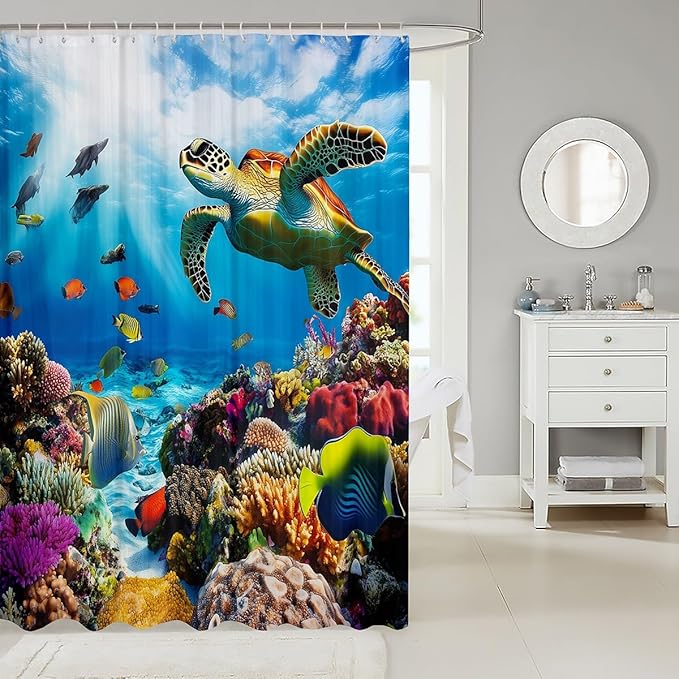 Sea Turtle Waterproof Shower Curtain for Boys Child,Ocean Fish Bath Curtain for Kids Man,Sealife Reptile Creature Shower Curtain Set,Colorful Coral Under Sea Reef Bathroom Accessories 72"Wx84"L