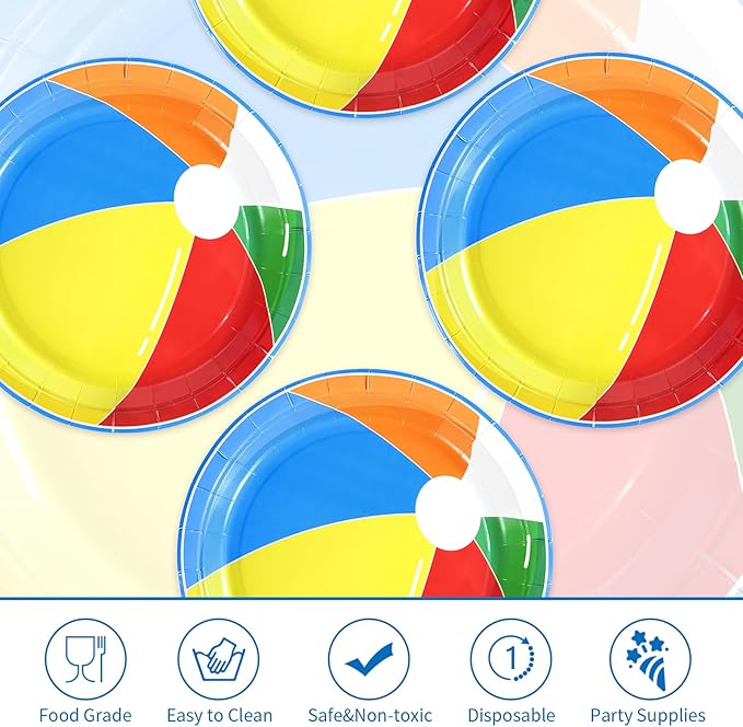 Grencian 50 Pcs Beach Ball Paper Plates 10" Large Summer Pool Party Plates Disposable Heavy Duty Beach Ball Tableware for Kids Summer Holiday Pool Party Supplies Baby Shower Birthday Decorations