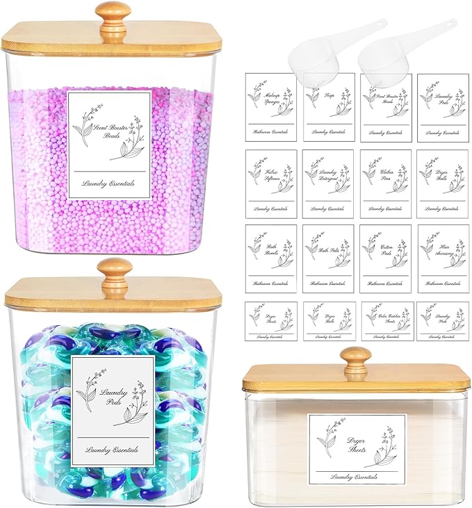 COAZEX 3 Pack Plastic Laundry Pods Container & Dryer Sheet Holder, Laundry Room Organization and Storage Jars with Lids, Scoops & Labels for Detergent, Powder, Scent Booster