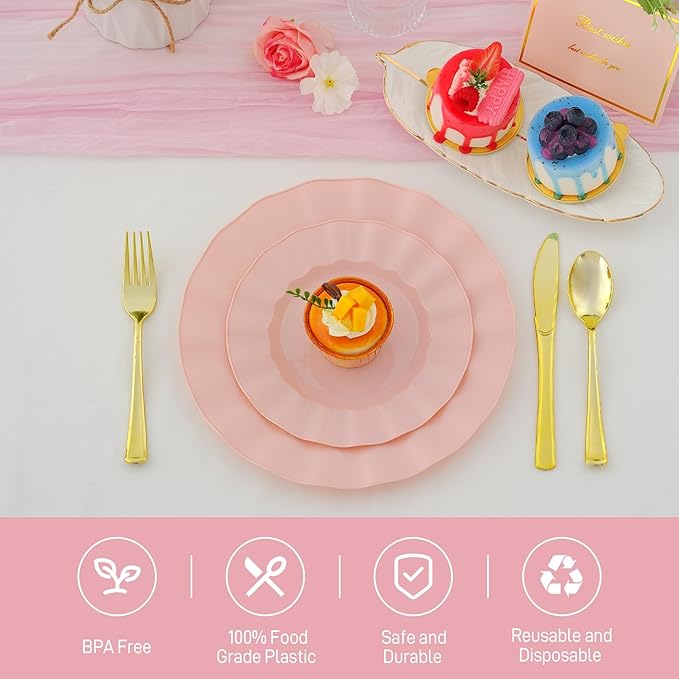 60Pcs Premium Pink Plates Disposable, Fancy Plastic Disposable Plate, Elegant Wedding Plates Set include 30 Dinner & 30 Dessert Plates for Easter Spring Party(30Guests)