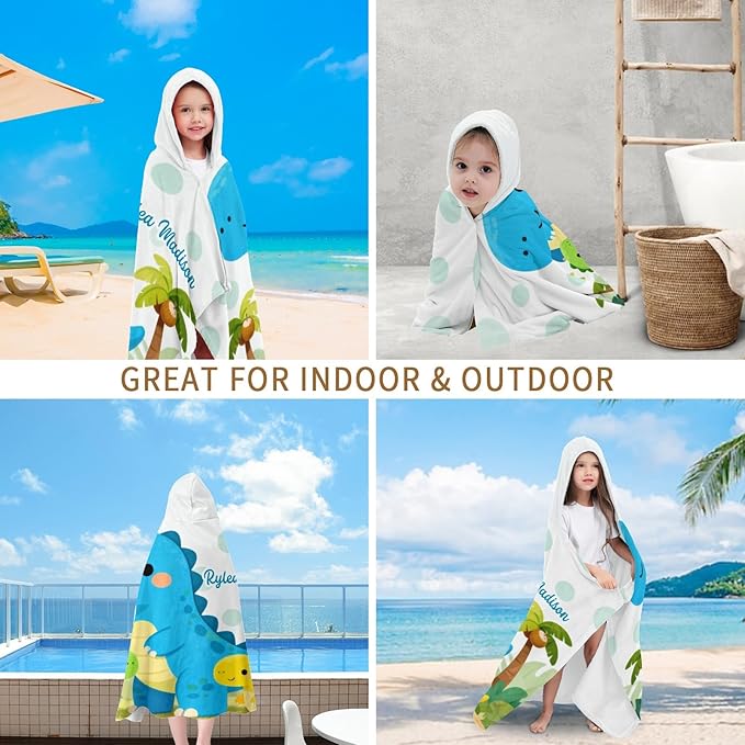 Cute Dinosaurs Jungle Personalized Hooded Towel Absorbent Wrap Soft Pool Beach Bath Towels Hood Poncho for 5-12 Years Kids Boys Girls