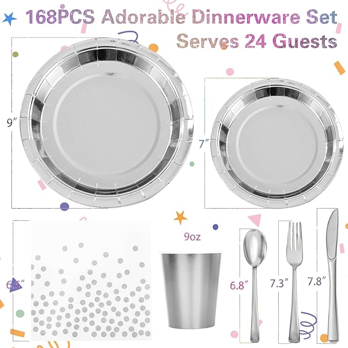 Silver Plates Party Supplies Disposable Dinnerware Set,168pcs Silver Paper Plates and Napkins for Graduation Holiday Disco Birthday Party Decorations Serves 24