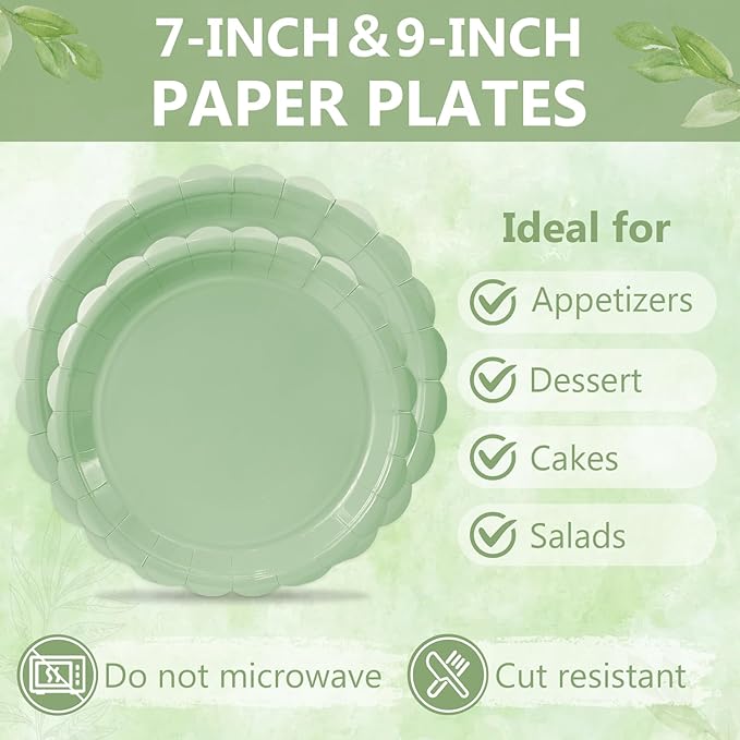 Mulbozy 100 Sage Green Paper Plates and Napkins Disposable Set Includes 25-9" & 25-7" Dessert Cake Scalloped Plates, Cocktail Napkins, Forks for for Holiday Party Supplies