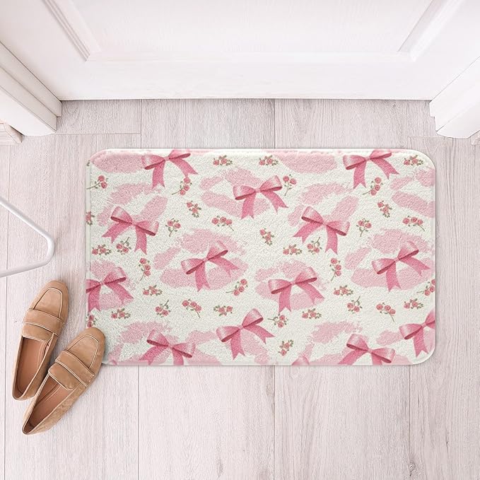 Pink Bowknot Kids Bath Mats,Princess Lips Roses Flowers Romantic Mats Rugs for Girls,Bow Tie Geometric Patchwork Bath Carpets,Modern Fashion Bath Rugs,Absorbent Floor Mats,16Wx24L Inches