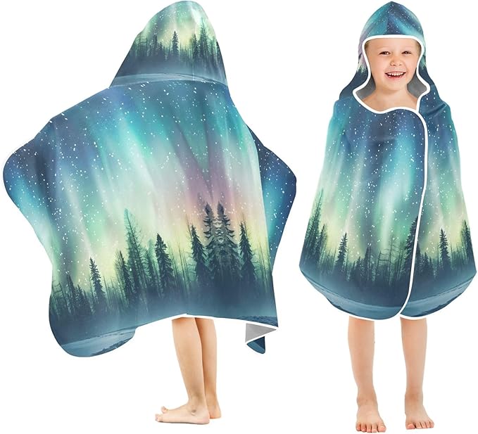Hooded Towel for Kids Aurora Borealis in Woods Beach Wrap Bath Towels 50x23.5in
