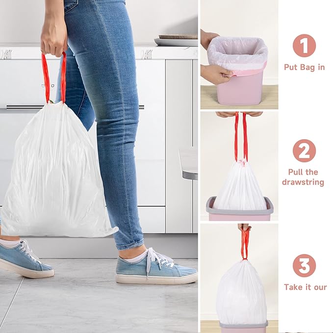 6 Gallon Trash Bags Drawstring - White Medium Kitchen Garbage Bags Plastic Unscented 60 Count 22.5 Liter Recycling Office Bathroom Waste Basket Liners Strong Thick Bulk Magesh