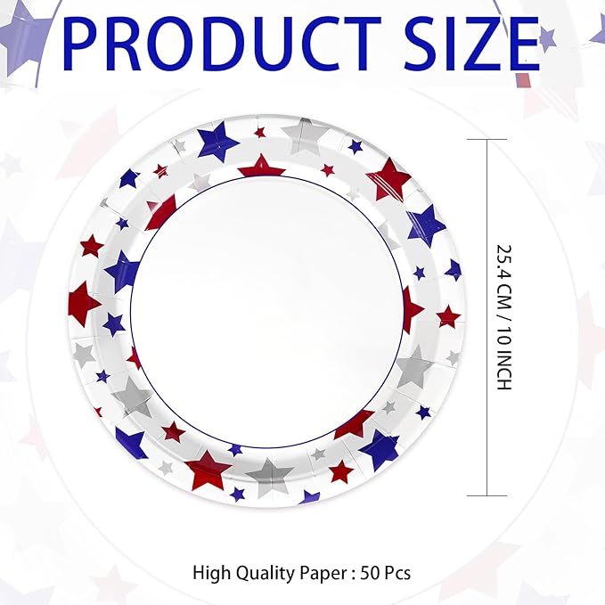 50Pcs Patriotic Paper Plates 10 Inch Large Heavy Duty 4th of July American Flag Disposable Platter Red Blue White Plate for 250 Anniversary President Election Memorial Independence Day Party Supplies