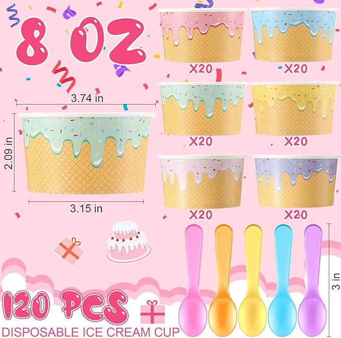 Jingmore 120 Set Paper Ice Cream Cups Bulk with Spoons 8 oz Disposable Sundae Bowls Colorful Paper Dessert Cups Containers for Snack Yogurt Soup Summer Bar Party Supplies