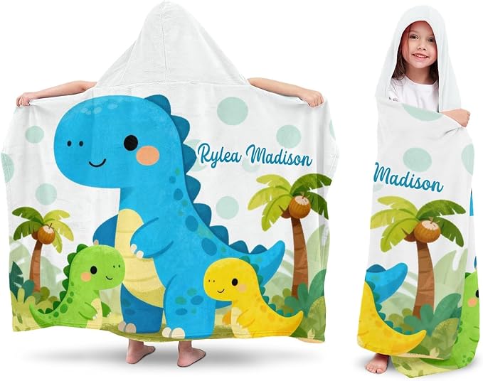 Cute Dinosaurs Jungle Personalized Hooded Towel Absorbent Wrap Soft Pool Beach Bath Towels Hood Poncho for 5-12 Years Kids Boys Girls
