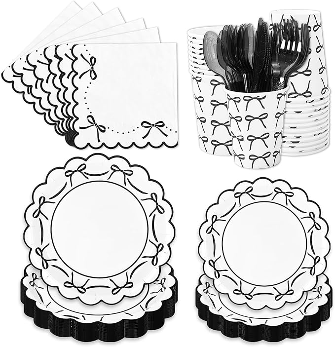 JarThenaAMCS 175 Pcs Black Bow Party Supplies Kit Scalloped Bowknot Tableware Set Disposable Dinnerware Paper Napkin Plate Cup Spoon Fork Knife for 25 Guests Party Favor