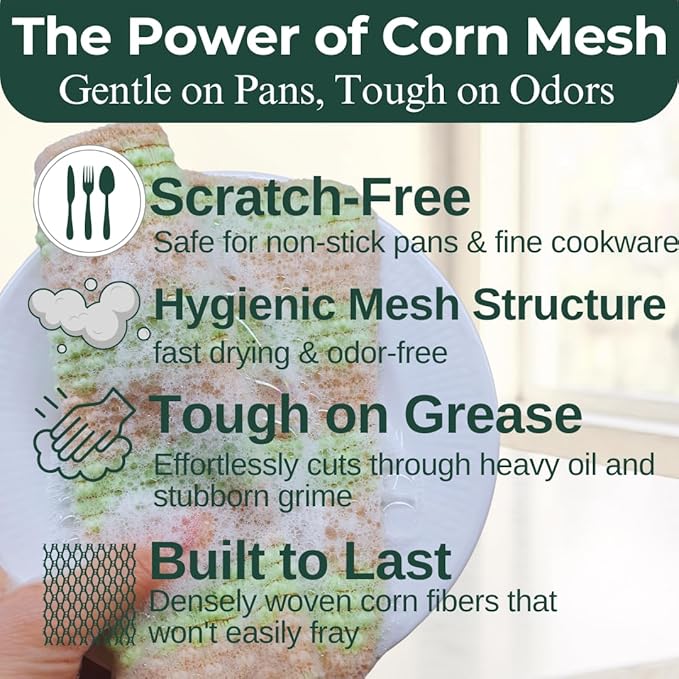 mibboom's Plant-Based Dish Scrubber [10 Pack] - Non-Scratch Corn Scourer, Odor-Free Kitchen Sponges, No Microplastic Dish Cloths for Nonstick Pans, Made in Korea