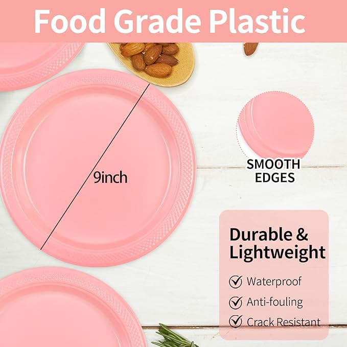 50 Count Pink Plastic Plates, 9 Inch Disposable Party Plates Dinner Plates for Birthday Wedding Party Supplies (Pink, 9 Inch)