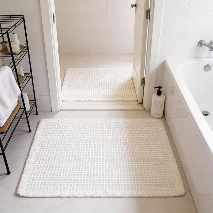 Set of 2 Waffle Bathroom Rugs, Non Slip Absorbent Waffle Knit Bath Mat for Shower Floor, Tub and Bathroom Door, Ultra Soft Quick Dry, Cream White, 18"x30"+24"x36"