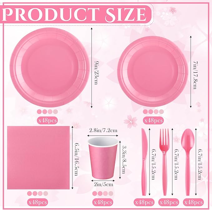 Nuogo 336 Pcs Pink Party Supplies Set Pink Paper Plates Napkins Cups Plastic Spoons Forks Knives Disposable Dinnerware for Birthday Baby Shower Wedding