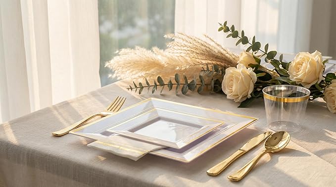 Festiva 350Pcs Gold Plastic Plates - Disposable Square Gold Plates Dinnerware set include 9.5"/6" Plates,Cups,Plastic Cutlery,Hand Napkins Perfect for 50 guests Party&Birthday&Wedding