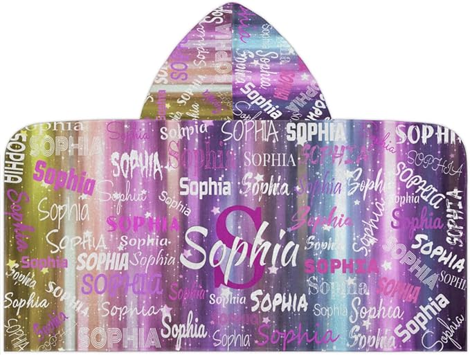 Custom Kids Hooded Bath Towel with Name, Personalized Name Hooded Towel for Boys Girls, Customized Beach Towel Gift for Children, 24" x 50", Purple Yellow Stripes with Stars