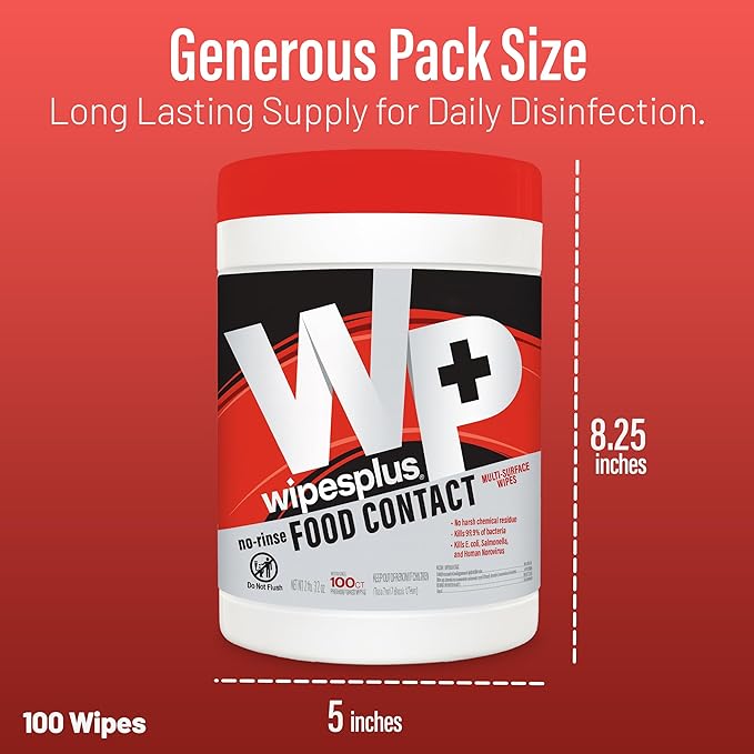 WIPESPLUS Cleaning Wipes All Purpose Food Contact - No Rinse, No Residue, Quick Dry Formula, Disinfecting Wipes For Restaurants, Foodservice, Schools - Canister, 100 Count, (Pack of 6)