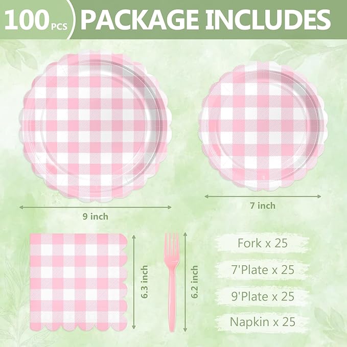 Mulbozy 100 Pink Gingham Plates and Napkins Disposable Set Includes 25-9" & 25-7" Dessert Cake Scalloped Plates, Cocktail Napkins, Forks for for Holiday Party Supplies