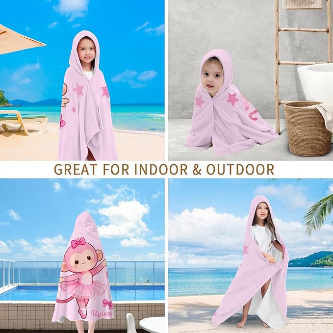 Ballet Dancer Pink Monkey Personalized Hooded Towel Absorbent Wrap Soft Pool Beach Bath Towels Hood Poncho for 5-12 Years Kids Boys Girls