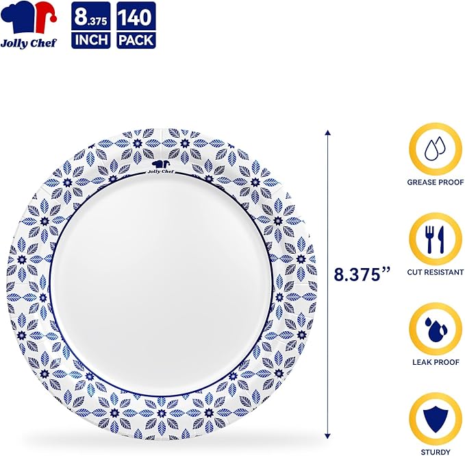 JOLLY CHEF 8.37 inch Disposable Paper Plates 140 Count Soak Proof, Cut Proof, Heavy Duty Printed Disposable Plate for Everyday Use