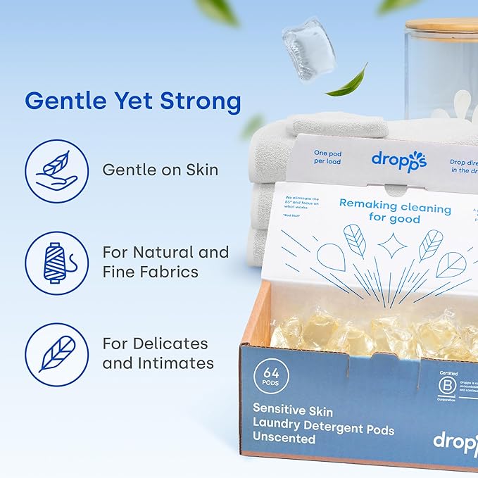 Dropps Sensitive Skin Laundry Detergent Pods, Unscented (160 Ct) - Hypoallergenic & Dermatologist Tested | Free & Clear | Laundry Pods for Sensitive Skin | Clean Ingredients | Plastic Free Packaging