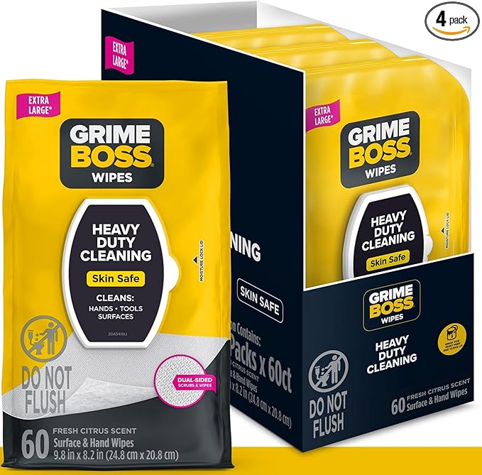 Grime Boss Heavy Duty Surface and Hand Wipes (4x60ct) | Wet Wipe Remove Paint, Oil, Grease, Adhesives, Mud, Dirt | Shop Rag Replace Cleaners like Rags, Towels, Pumice, Soap